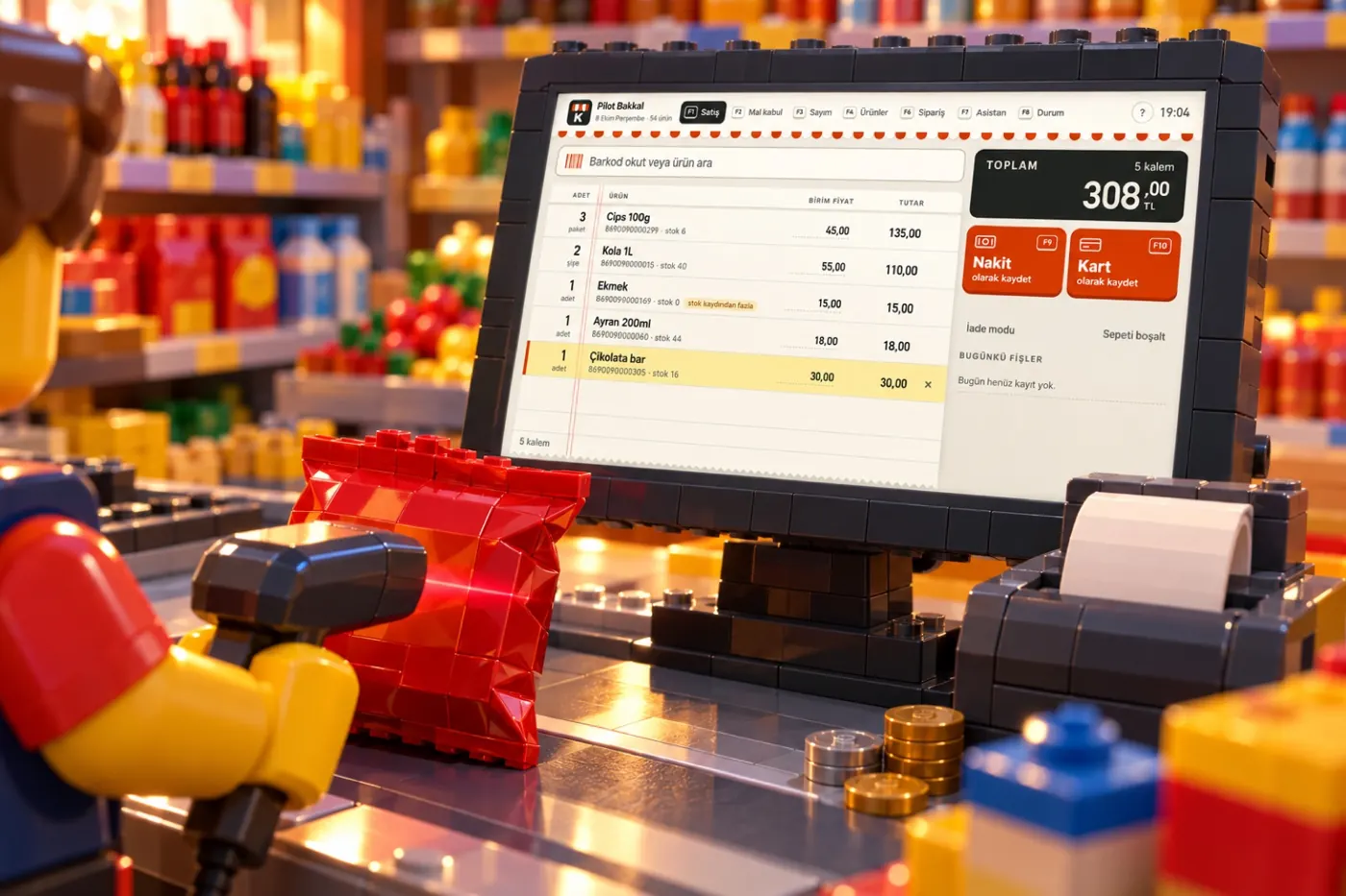 Oyuncak kasada cips paketi okutuluyor, ekranda kankai kasa programı